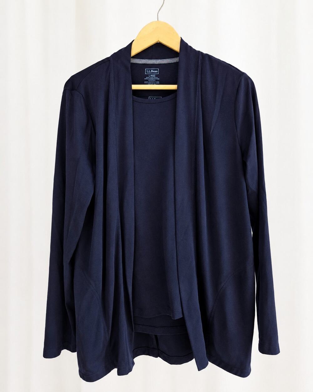 LL Bean Blue 100% Supima Cotton Woman Cardigan and Tee Twin Set Large Pockets